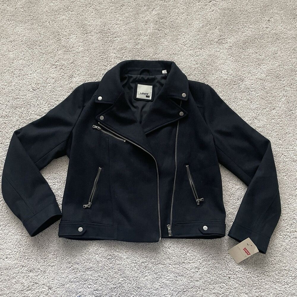 New Levis Moto Biker Jacket Womens Large Wool Blend Black Asymmetrical Full Zip